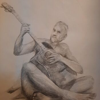 Drawing titled "Guitarist" by Jenő Dienes, Original Artwork, Graphite
