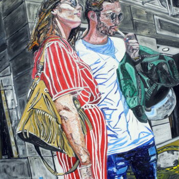 Pittura intitolato "Jeune couple rue de…" da Jerome Labrunerie (GEO), Opera d'arte originale, Olio Montato su Telaio per bar…