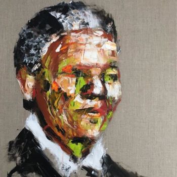 Schilderij getiteld "Nelson Mandela." door Jérôme Royer, Origineel Kunstwerk, Acryl Gemonteerd op Frame voor houten brancard