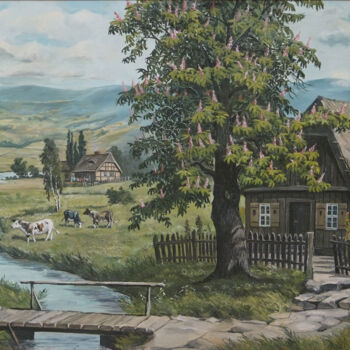 Painting titled "Landszaft" by Jerzy Kosinski, Original Artwork, Oil Mounted on Wood Stretcher frame
