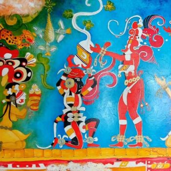 Pintura titulada "Murale Maya découve…" por Jean-Claude Waelput (Jicé), Obra de arte original, Oleo