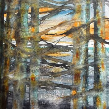 Peinture intitulée "Sunset Trees" par Jill Correale Jill Simpson, Œuvre d'art originale, Aquarelle