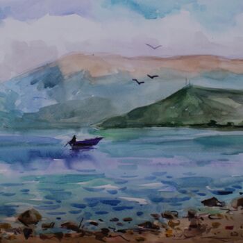 Painting titled "Lake shore" by Joan Mato, Original Artwork, Watercolor