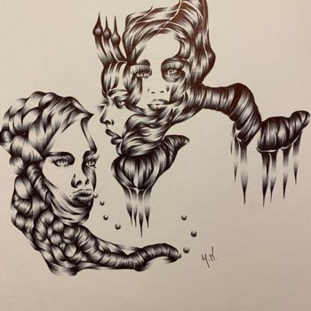 Dessin intitulée "Bene sisters" par Joanna W, Œuvre d'art originale, Stylo à bille