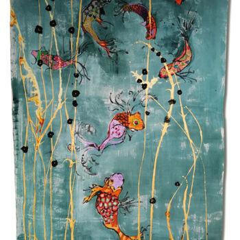 Arte têxtil intitulada "tenture poissons ja…" por Joelle Morisset, Obras de arte originais, Pigmentos
