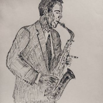 Drawing titled "saxofonist" by Jora Poshytilo, Original Artwork, Gel pen