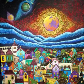 Peinture intitulée "Noche de Ecjlipse e…" par José Godoy, Œuvre d'art originale, Acrylique Monté sur Châssis en bois