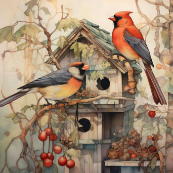 「Cardinals & Treehou…」というタイトルのデジタルアーツ Josephine Estelleによって, オリジナルのアートワーク, デジタル絵画