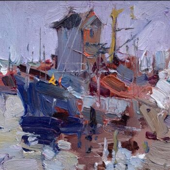 Painting titled "Santa Barbara Harbor" by Jove Wang, Original Artwork, Oil