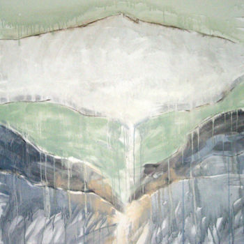 Painting titled "Green blue mountain" by June Stapleton, Original Artwork, Acrylic