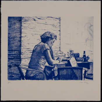 Prenten & gravures getiteld "Mujer en un café" door Juan Álvarez Cebrián, Origineel Kunstwerk, Ets