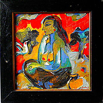 Schilderij getiteld "Sitting girl" door Judhajit Sengupta, Origineel Kunstwerk, Olie