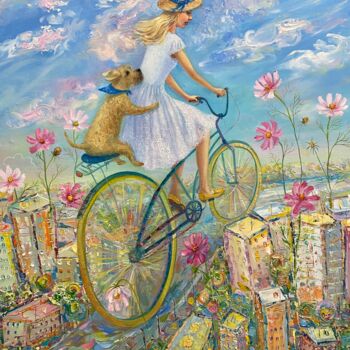 Peinture intitulée "Bicycle rider" par Julia Abramoshvili, Œuvre d'art originale, Huile Monté sur Châssis en bois