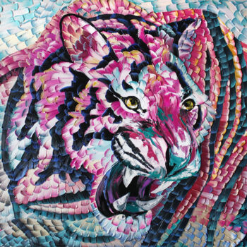 Painting titled "Tiger#1" by Julia Ptl, Original Artwork, Oil Mounted on Wood Stretcher frame