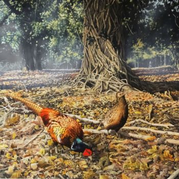「Woodland Pheasants」というタイトルの絵画 Julian Wheatによって, オリジナルのアートワーク, アクリル