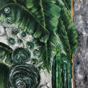 Schilderij getiteld "Drowning greenery" door Juliana Sol, Origineel Kunstwerk, Olie Gemonteerd op Frame voor houten brancard
