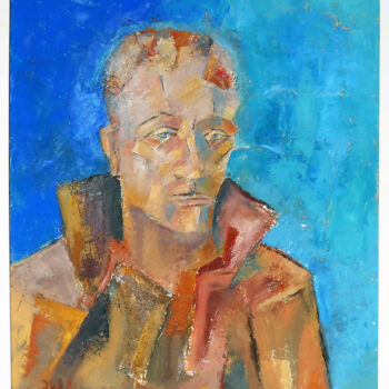 Pintura intitulada "Portrait with blue…" por July, Obras de arte originais, Óleo
