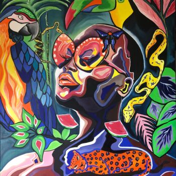 Painting titled "JUNGLE MANIA" by Julie Coudret Carrasco, Original Artwork, Oil Mounted on Wood Stretcher frame