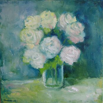 Pintura intitulada "White Fresh Roses" por Juri Semjonov, Obras de arte originais, Óleo Montado em Armação em madeira