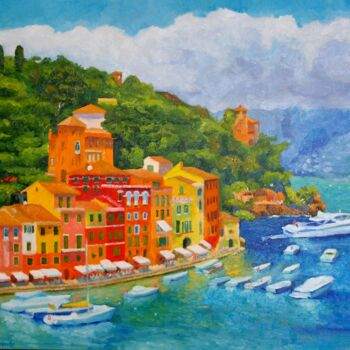 Painting titled "Portofino" by Juri Semjonov, Original Artwork, Oil Mounted on Wood Stretcher frame