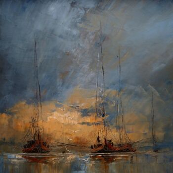 Pintura intitulada "Boats..." por Justyna Kopania, Obras de arte originais, Óleo Montado em Armação em madeira