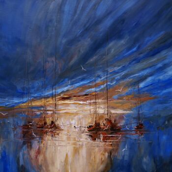 「Boats 02」というタイトルの絵画 Justyna Kopaniaによって, オリジナルのアートワーク, オイル ウッドストレッチャーフレームにマウント