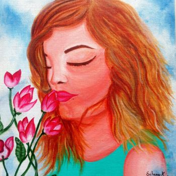 Painting titled "Flowers and her" by Sahana K, Original Artwork, Acrylic