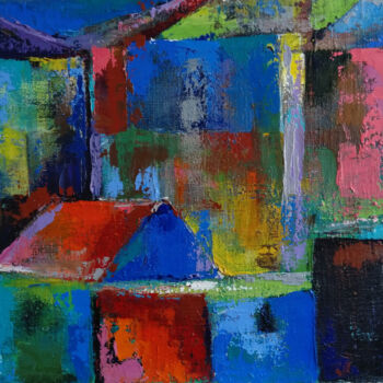 Painting titled "Colorful roofs" by Kamsar Ohanyan, Original Artwork, Oil Mounted on Wood Stretcher frame