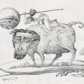 Dessin intitulée "В звериной шкуре." par Konstantin Kansky (Kanskyart), Œuvre d'art originale, Crayon