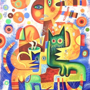 Painting titled "The coffee with cats" by Kaola Oty, Original Artwork, Acrylic