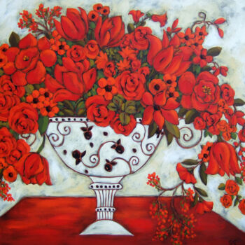 「Ivory Vase with Red…」というタイトルの絵画 Karen Riegerによって, オリジナルのアートワーク, アクリル ウッドストレッチャーフレームにマウント