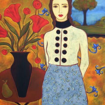 Peinture intitulée "Woman with Tulips &…" par Karen Rieger, Œuvre d'art originale, Huile Monté sur Châssis en bois