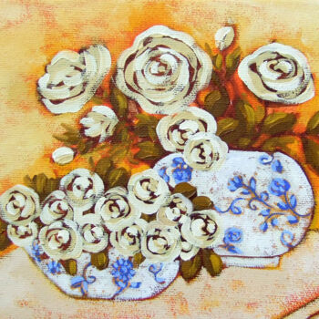 Painting titled "White Roses" by Karen Rieger, Original Artwork, Oil Mounted on Wood Stretcher frame