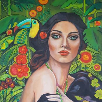 Pintura intitulada "Dans la jungle" por Karine Me Moon, Obras de arte originais, Óleo Montado em Armação em madeira