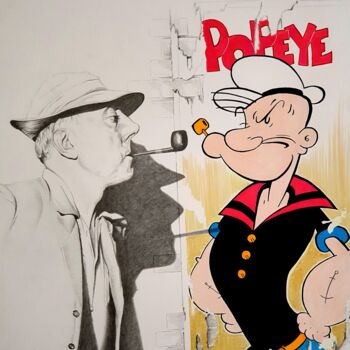 Schilderij getiteld "Jacques Tati et Pop…" door Karine Villard, Origineel Kunstwerk, Potlood