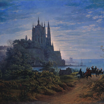 Painting titled "Église gothique sur…" by Karl Friedrich Schinkel, Original Artwork, Oil