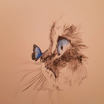 Dessin intitulée "Chat papillon" par Karl Robial, Œuvre d'art originale, Encre