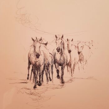 Drawing titled "Chevaux" by Karl Robial, Original Artwork, Ink