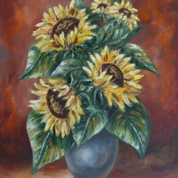 Pintura intitulada "Sunflowers in a vase" por Karola Kiss, Obras de arte originais, Óleo Montado em Painel de madeira