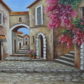 Pintura intitulada "Old Town 3" por Karola Kiss, Obras de arte originais, Óleo Montado em Painel de madeira