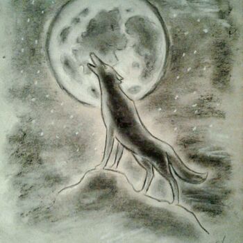 Rysunek zatytułowany „Wolf and Moon” autorstwa Karolina Ingo (Karolina Navi -Ingo), Oryginalna praca, Pastel