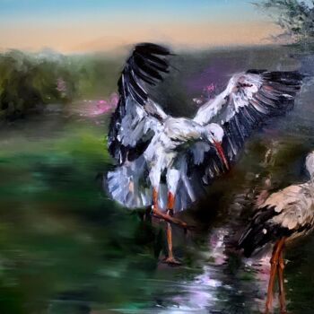 Pintura titulada "The first storks" por Karolina Naichuk, Obra de arte original, Oleo Montado en Bastidor de camilla de made…