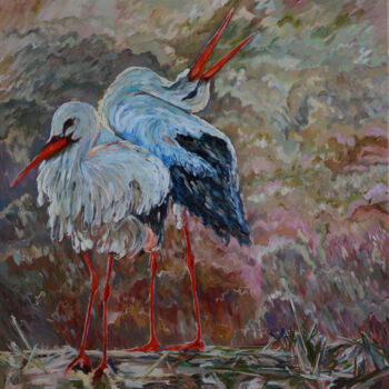 Painting titled "Two Birds" by Katarzyna Machejek, Original Artwork, Oil