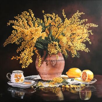 「Mimosa e limoni」というタイトルの絵画 Kate Makaroによって, オリジナルのアートワーク, アクリル ウッドストレッチャーフレームにマウント
