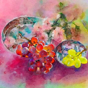 Malerei mit dem Titel "Grapes in chinoiser…" von Kath Sapeha, Original-Kunstwerk, Aquarell