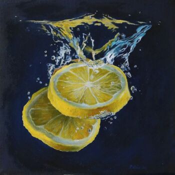 「Lemon freshness」というタイトルの絵画 Katia Zhevnoによって, オリジナルのアートワーク, オイル ウッドストレッチャーフレームにマウント