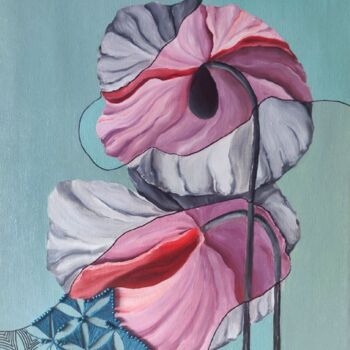 Schilderij getiteld "Opium. Pink poppies" door Katrin Savich, Origineel Kunstwerk, Olie Gemonteerd op Frame voor houten bran…