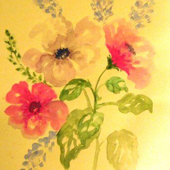 Schilderij getiteld "Fleurs sur fond jau…" door Carolina Kergall, Origineel Kunstwerk
