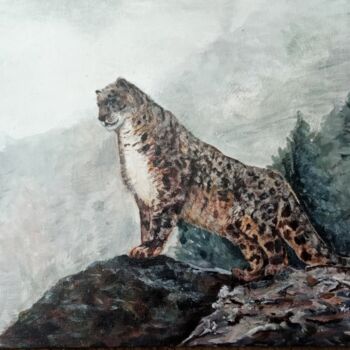 Painting titled "Snow Leopard" by Ket Stanchik, Original Artwork, Acrylic Mounted on Wood Panel