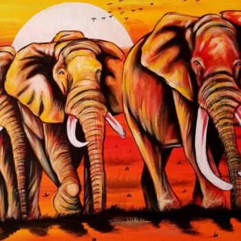 绘画 标题为“Elephants Walk at S…” 由Kevin Jjagwe, 原创艺术品, 丙烯